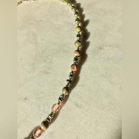 Natural Moldavite Necklace with Unakite Stones, Czech Crystals & Wire Wrapped  💖 - Picture 7 of 15